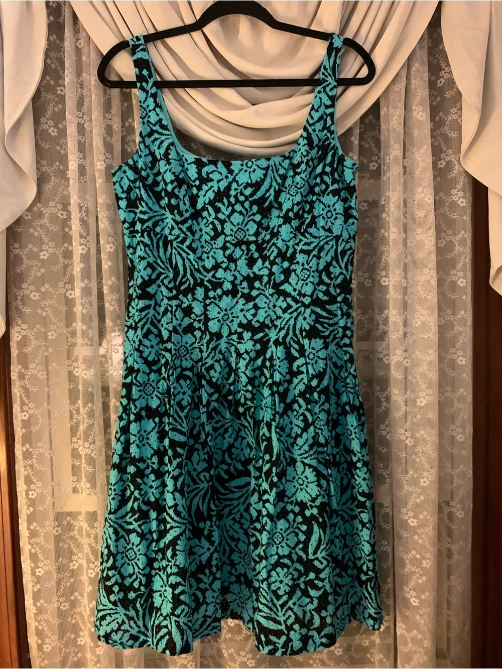 Lauren Ralph Lauren Turquoise & Black Crochet Fit & Flare Shift Dress Size 14P